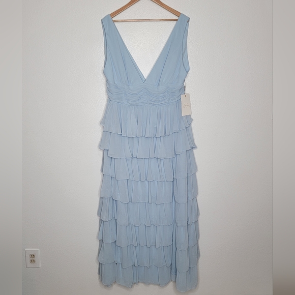Mac Duggal ruffle tiered sleeveless v neck gown in powder blue size 18W - Picture 3 of 6